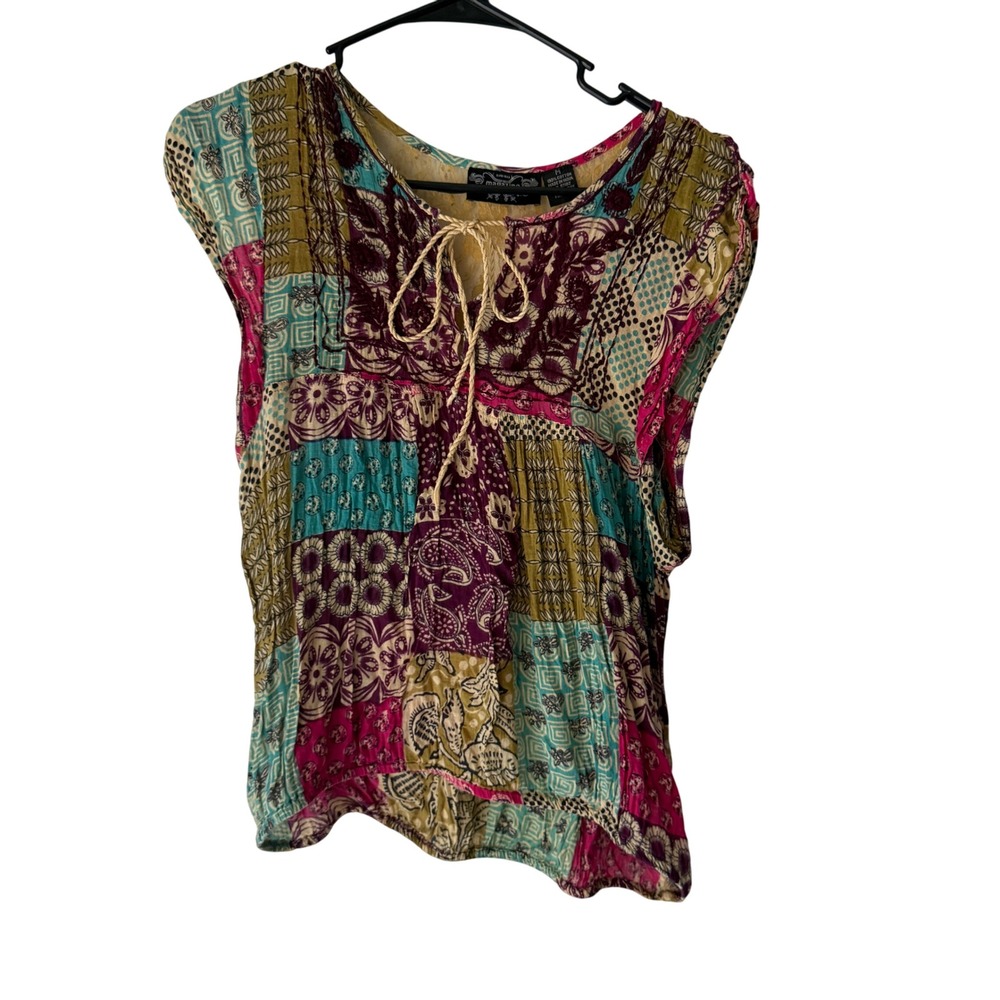 Magazine Y2k Patchwork Bohemian Top Multicolor Blouse Tie Neck Medium Festival